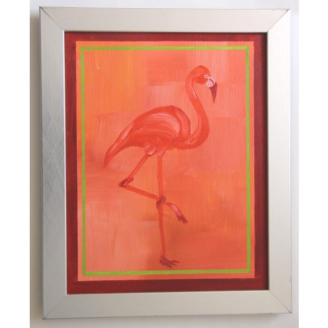Contemporary Flamingo Minimalist Pop Art Americana Bird Apricot Crimson Orange Original Oil Paiting by Cleo Plowden For Sale - Image 3 of 3