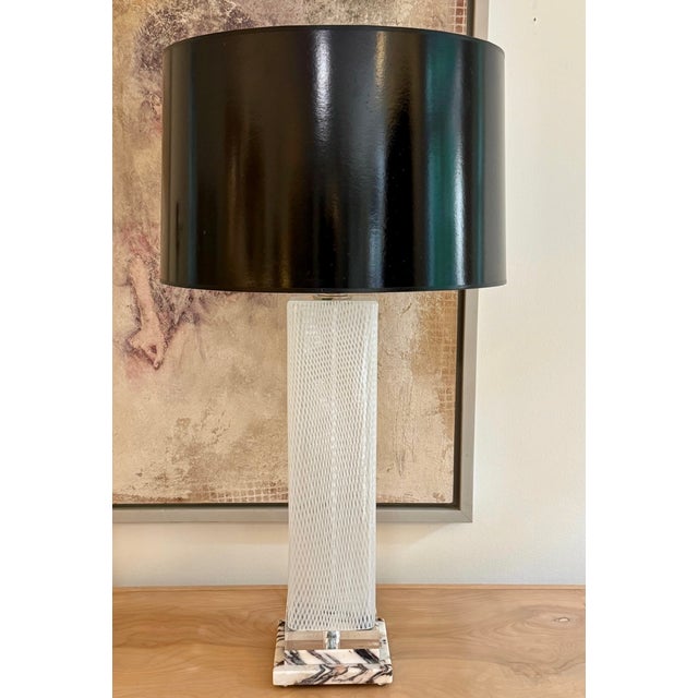 Unique and beautiful pair of CRISP WHITE Latticinio lamps. The Cane filagree creates a cross-hatch design that is so fun....
