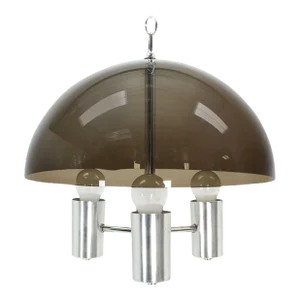Smoked Lucite Dome Shape Shade Chrome Mid Century Modern 3 Bulb Light Fixture