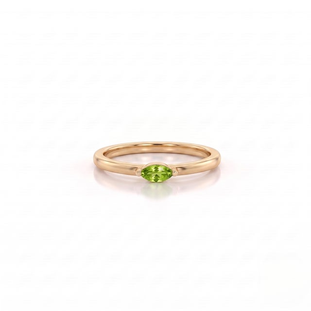 Contemporary Natural Peridot Marquise Solitaire Ring | East-West Set Yellow Gold Stacker | Dainty Minimalist Promise Band | August Birthday Ring Us 7 For Sale - Image 3 of 3