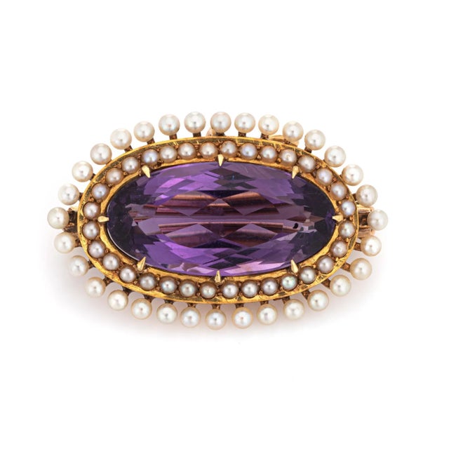 Antique Victorian Krementz Amethyst Pearl Pendant Brooch 14k Yellow Gold Jewellery For Sale - Image 4 of 4