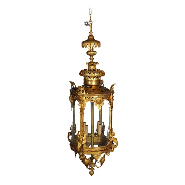 French Fire Bronze & Brass Lantern Hanging Light For Sale