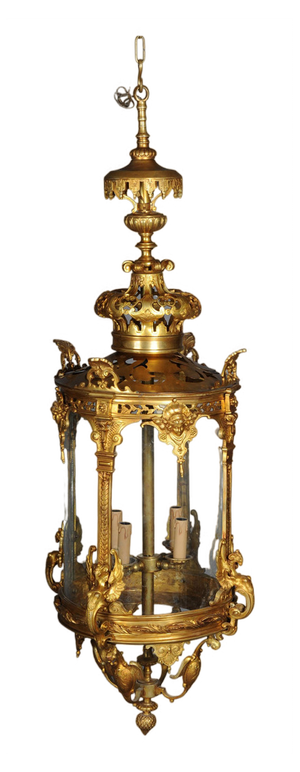 French Fire Bronze & Brass Lantern Hanging Light