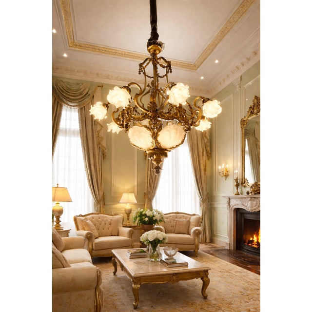 19th C French Louis XVI Gilt Bronze Milk Glass Chandelier For Sale - Image 15 of 16