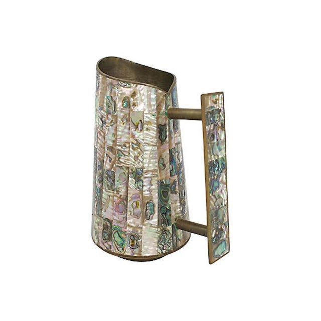 Mid-Century Inlaid Abalone Brass Pitcher For Sale - Image 4 of 7
