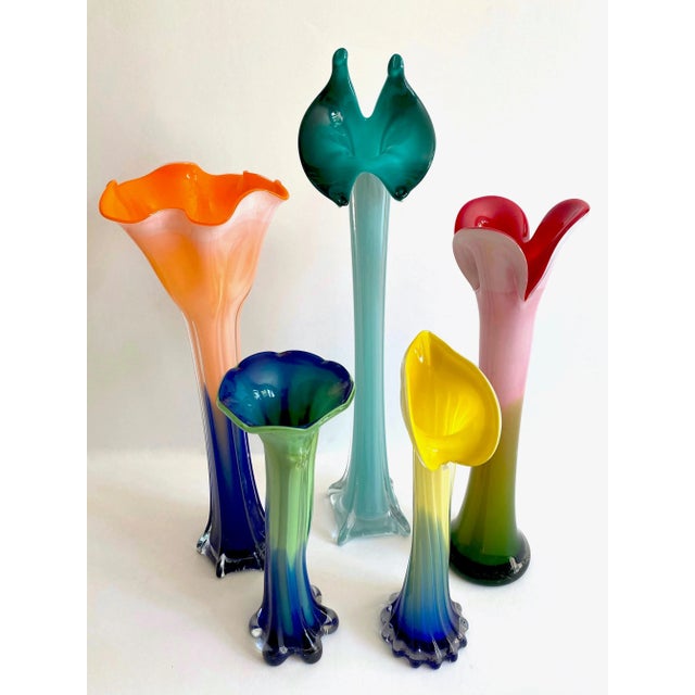Turquoise Vintage 1990's Post Modern Hand Blown Art Glass Multicolor Ombre Flowers Contemporary Vases - Set of 5 For Sale - Image 8 of 13