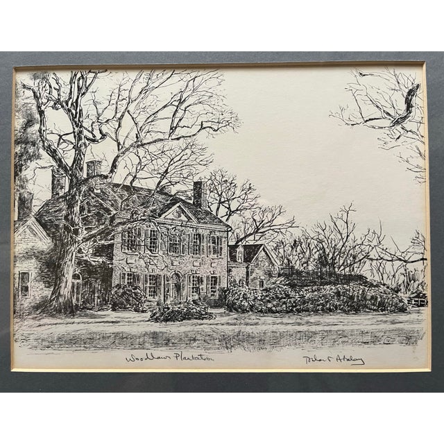Realism 1970s Framed Prints of Virginia Woodlawn Plantation & Mount Vernon Etchings by Acclaimed Architectural Portraitist, Bulent Atalay For Sale - Image 3 of 12