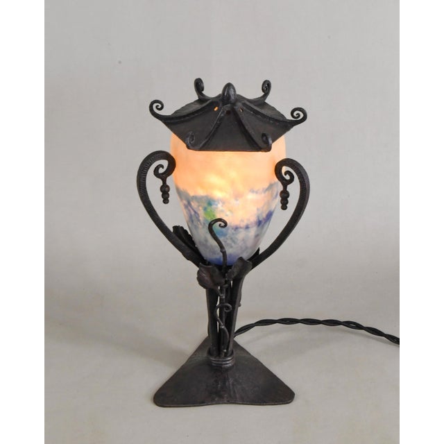 Daum French Art Deco Pagoda Lamp by E. Gauthier & Daum - Wrought Iron 1920s For Sale - Image 4 of 9