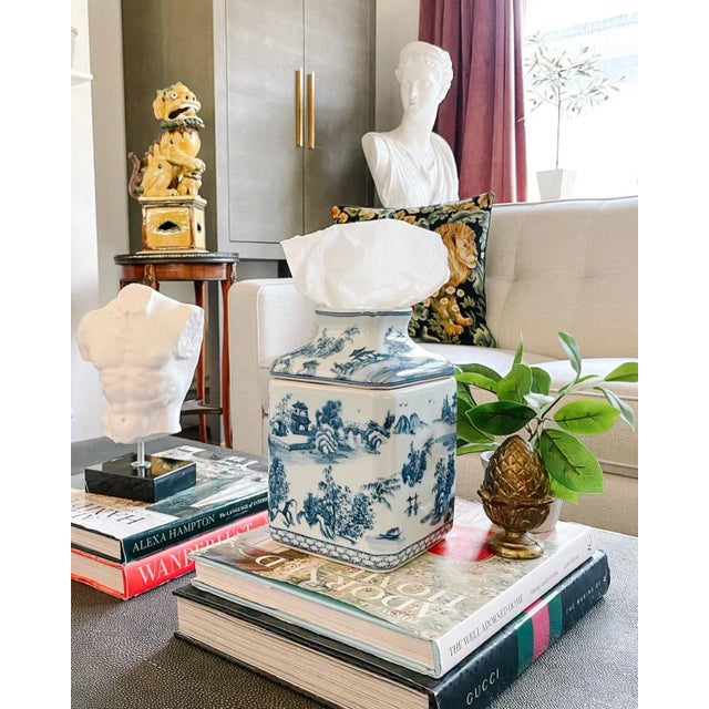 2020s Blue & White Chinoiserie Ceramic Tissue Box Cover For Sale - Image 5 of 5