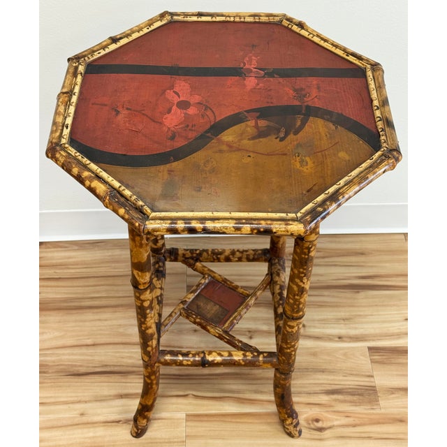 Wood Vintage Chinoiserie Style Hand-Painted Scorched Bamboo Side Table For Sale - Image 7 of 9