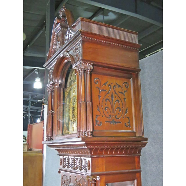 Brown Early 1900s Carved Walnut Durfee Case Elliot Movement 5 Tube Grandfather Clock For Sale - Image 8 of 13