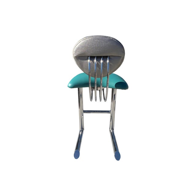 Metal Vintage Mid Century Postmodern Barstools Turquoise Silver 1980s Set of 4 Reupholstered Chrome Attributed to Ettore Sottsass For Sale - Image 7 of 10