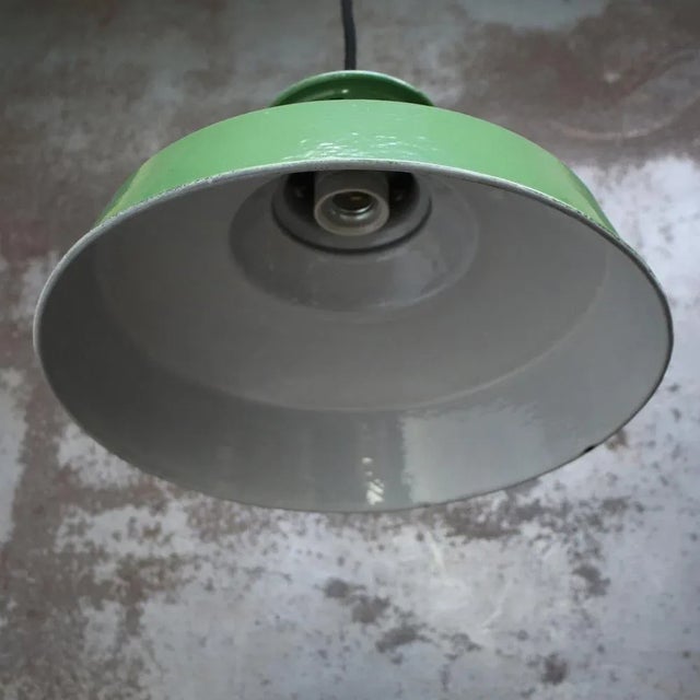 Vintage Industrial French Green Enamel & Brass Pendant Lamp For Sale - Image 5 of 6