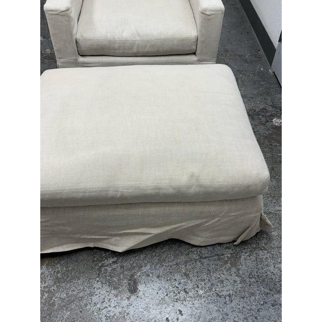 Restoration Hardware Slipcover Belgian Linen Shelter Armchairs + Ottomans, Set For Sale In San Francisco - Image 6 of 12
