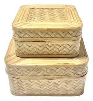 1970s Handwoven Bamboo Trinket Boxes With Red Lining – Set of 2