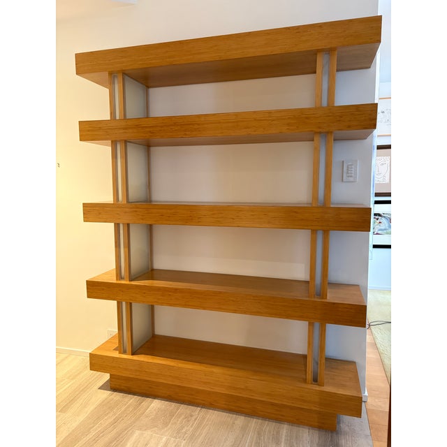 Modern Custom Built Bamboo Wood Book Shelf With Led Lighting For Sale - Image 3 of 14