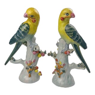 1970s Chinese Export Porcelain Parrots With Applied Fruit and Blossoms – A Pair For Sale