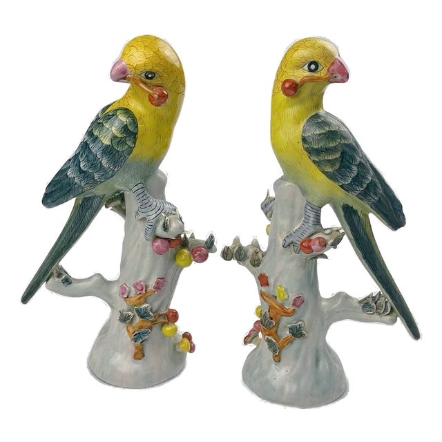 1970s Chinese Export Porcelain Parrots With Applied Fruit and Blossoms – A Pair For Sale