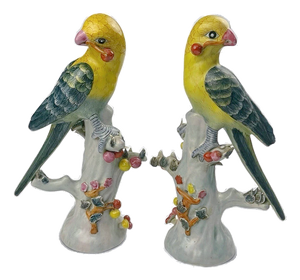 1970s Chinese Export Porcelain Parrots With Applied Fruit and Blossoms – A Pair
