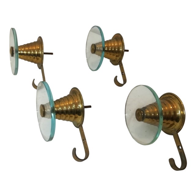 Vintage Italian Glass and Brass Coat Rack from Fontana Arte, 1950s, Set of 4 For Sale