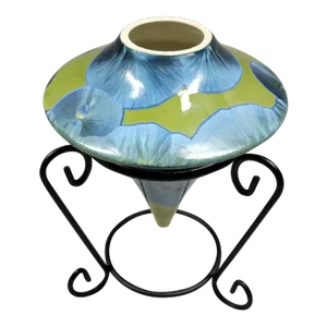 Modern Lime Green and Blue Crystalline Porcelain Art Vase With Stand