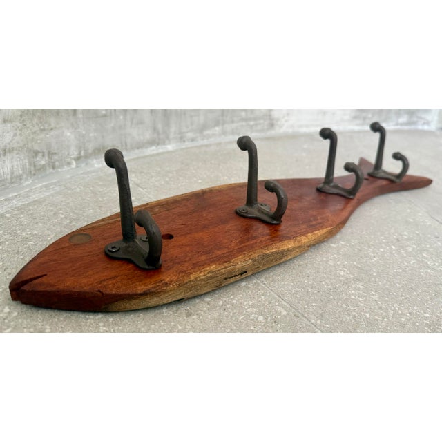 Vintage Rustic Folk Art Wood Fish Coat, Hat Rack For Sale - Image 4 of 12