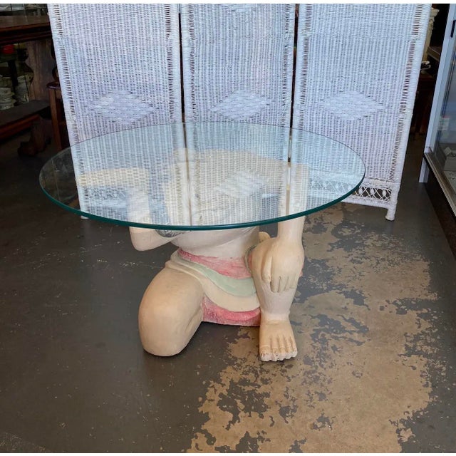 Vintage Balinese Kneeling Figure Sculptural Coffee Table With Round Glass Top | Hollywood Regency Exotic Figural Art Table For Sale - Image 4 of 8