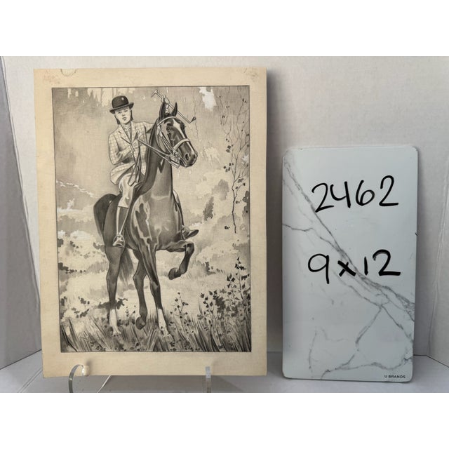 Paper 1940s Original Signed Graphite Illustration of Young Equestrian on Horseback, 12 × 9 In. For Sale - Image 7 of 7