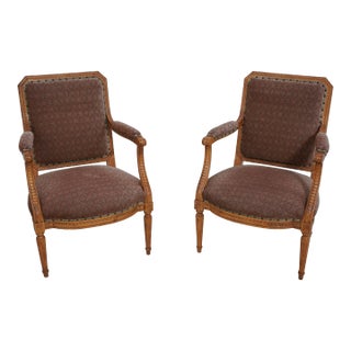 Pair French Louis XVI Style Upholstered Armchairs For Sale