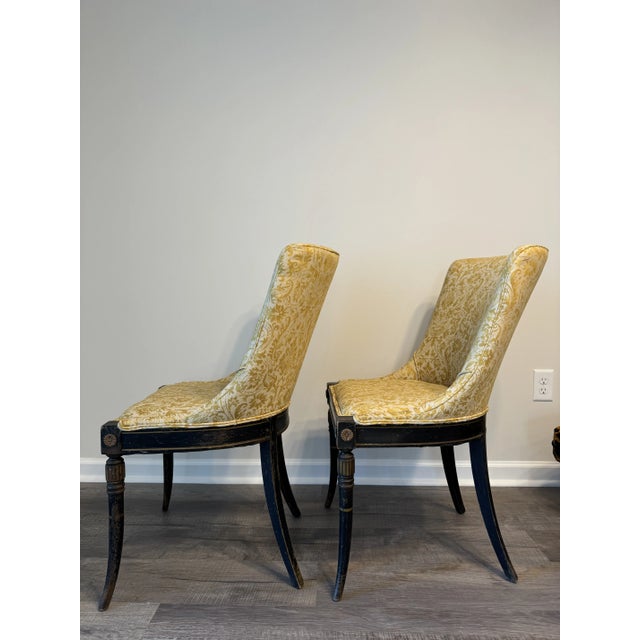 1980s Neoclassical Sabre Leg Side Chairs Upholstered in Yellow Fortuny Style Fabric - Set of 2 For Sale - Image 4 of 10