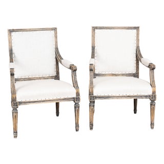Pair 19th Century Swedish Gustavian Black Painted Armchairs For Sale