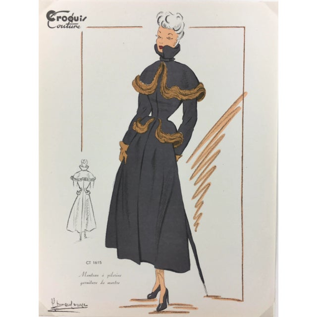 1940s 1940s French Fashion Sketch of Pelerine Sable Trim Coat For Sale - Image 5 of 5