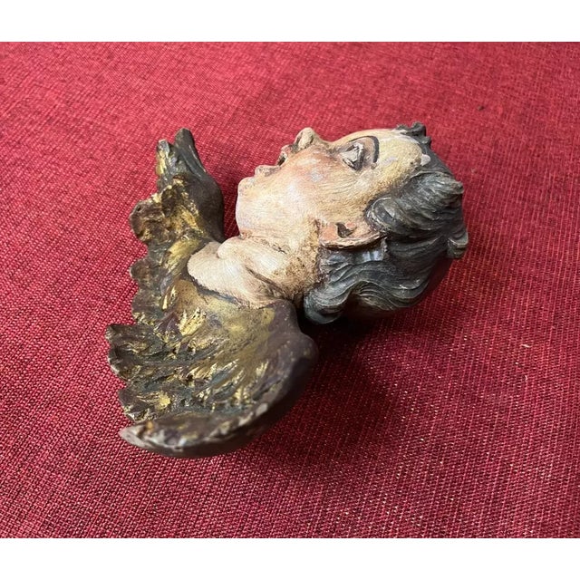 C1800 Antique Italian Renaissance Carved Polychromed Wood Dramatic Hanging Putto / Cherub Sculpture For Sale - Image 4 of 12