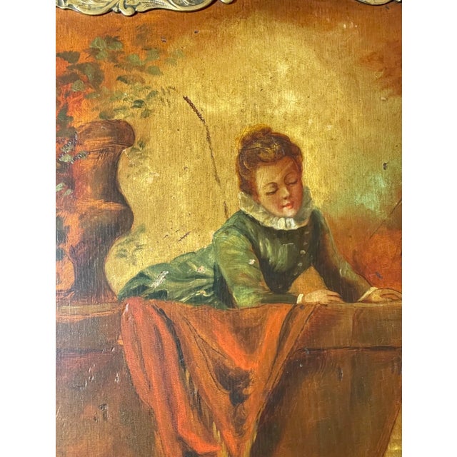 Brown Antique 19th Century Original Boy Girl Landscape Oil Painting Wood Badge Panel For Sale - Image 8 of 14