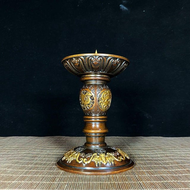 Bronze Pair of Vintage Gilded Bronze Candlesticks, Four Divine Beasts Openwork Relief For Sale - Image 8 of 9
