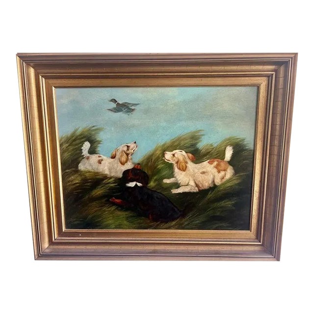 English Oil on Canvas Depicting Trio of Spaniels For Sale