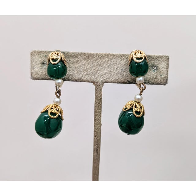 1960s Vintage 1960s Signed Napier Goldtone Faux-Jade Drop Clip Earrings-2 Pieces For Sale - Image 5 of 7