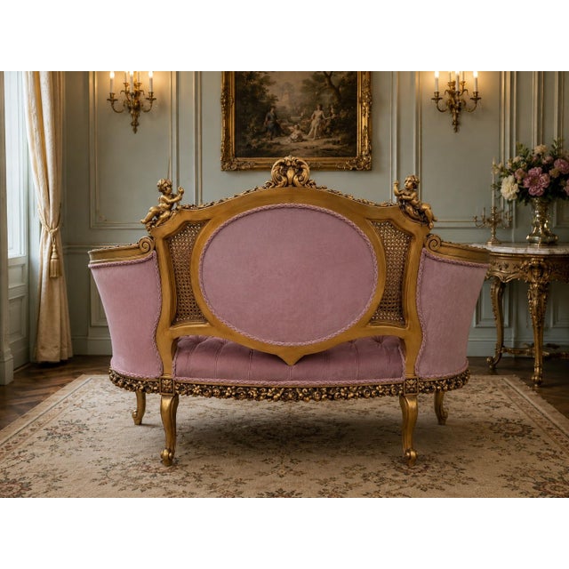 1940 French Artisan Louis XVI Gold Rose Beech Settee For Sale - Image 10 of 18