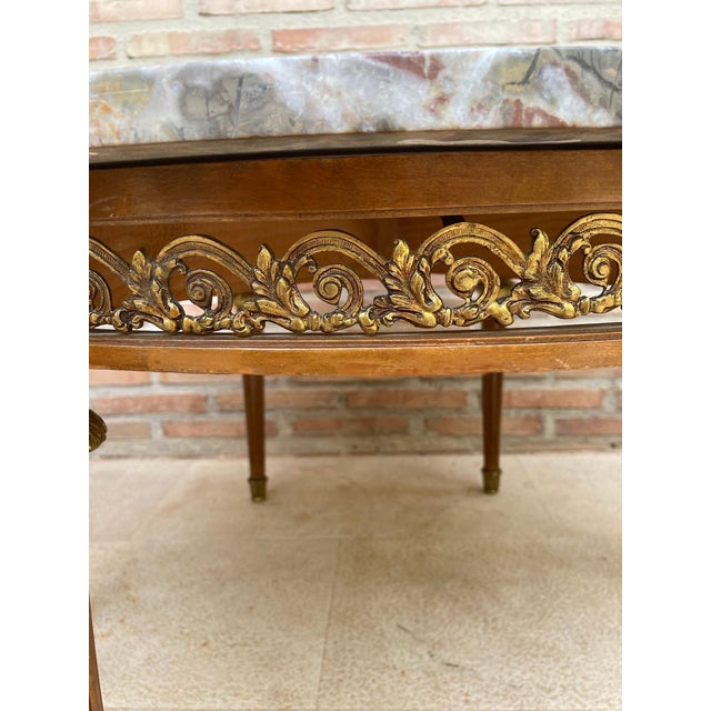 20th Century French Louis XVI Style Bronze, Round Marble & Oak Table For Sale - Image 4 of 18