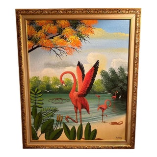 Vintage Original Flamingo Painting Palm Beach Chic Signed and Framed For Sale
