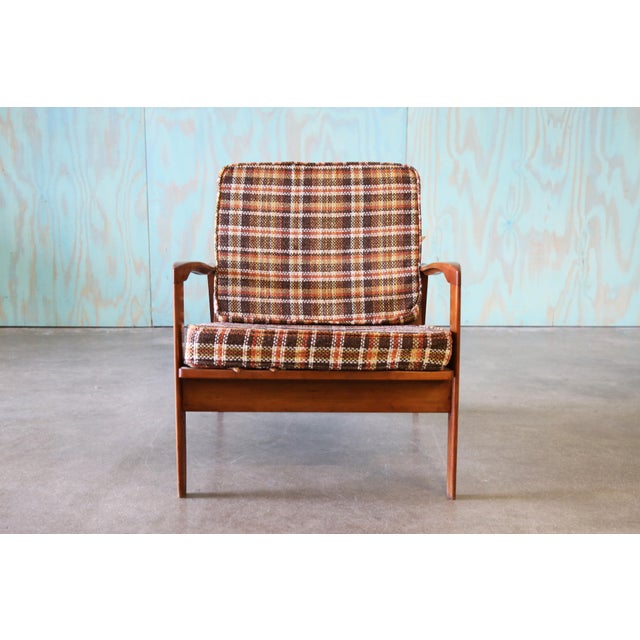 Vintage Plaid Lounge Chair Slat Wood Back For Sale - Image 4 of 9