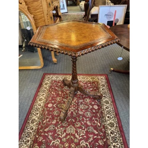 1990s Vintage Maitland Smith Hexagonal Table With Embossed Leather Top and Tripod Feet For Sale - Image 4 of 9