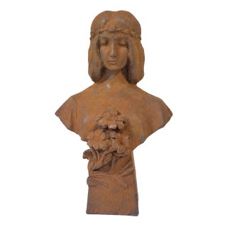 Art Noveau Artist, Female Bust with Flowers, Cast Iron For Sale