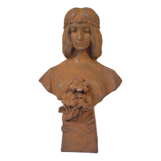 Art Noveau Artist, Female Bust with Flowers, Cast Iron For Sale