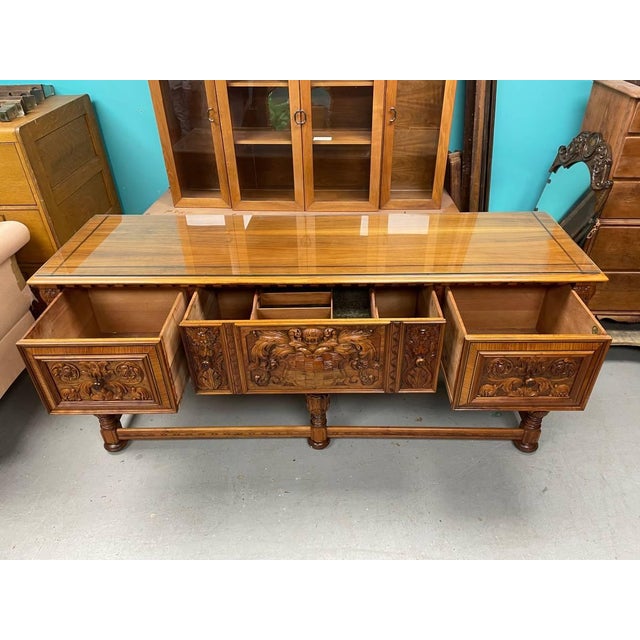 Berkey & Gay Antique Hand Carved Sideboard Buffet, Berkey & Gay, Jacobean Revival, Walnut Wood, Glass Top For Sale - Image 4 of 11