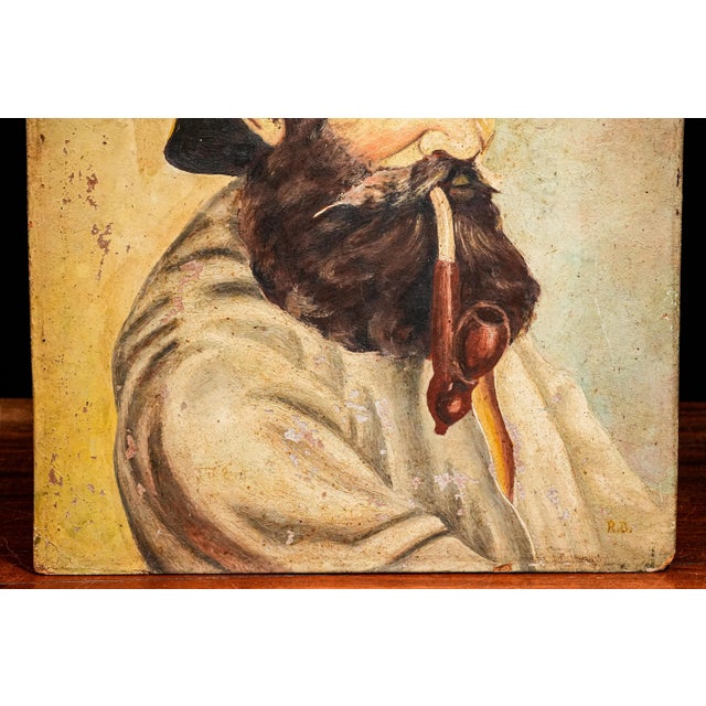 Paper Tyrolean Man With Beard Smoking Pipe Antique Oil Portrait Painting For Sale - Image 7 of 12
