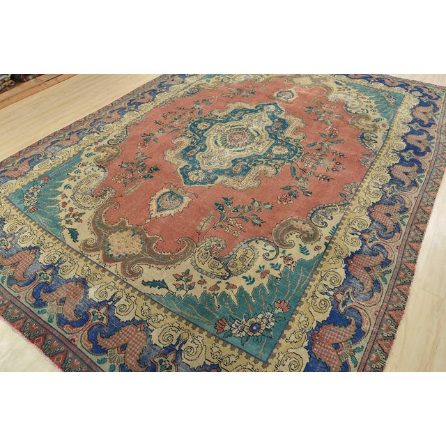 Farmhouse Tabriz Rug 9’8” X 12’9” Pink Wool Vintage Distressed Hand-Knotted Carpet For Sale - Image 3 of 15