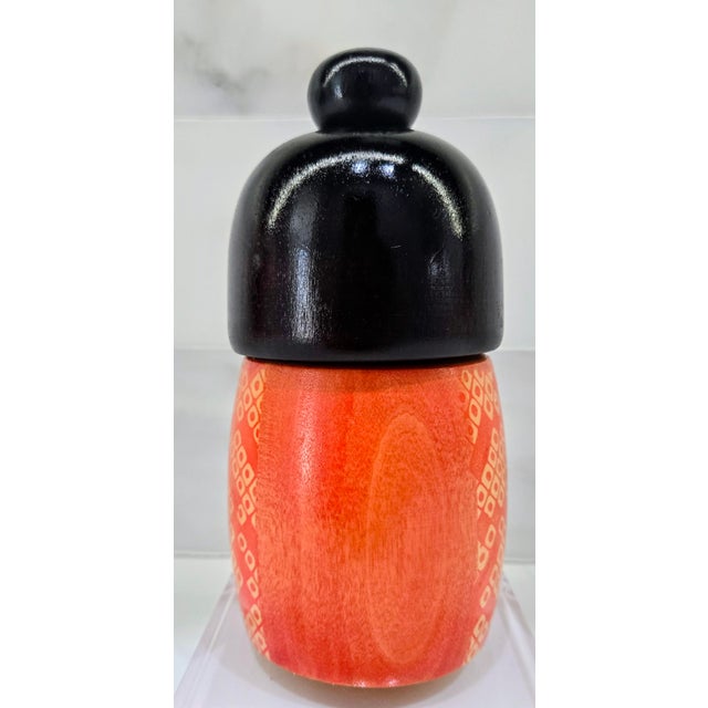 Vintage Sosaku Japanese Kokeshi Doll, Signed, Orange Geometric Kimono For Sale - Image 4 of 9