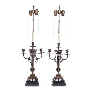 Neoclassical Bronze Candelabra Lamps - Pair For Sale