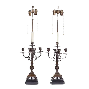 Neoclassical Bronze Candelabra Lamps - Pair